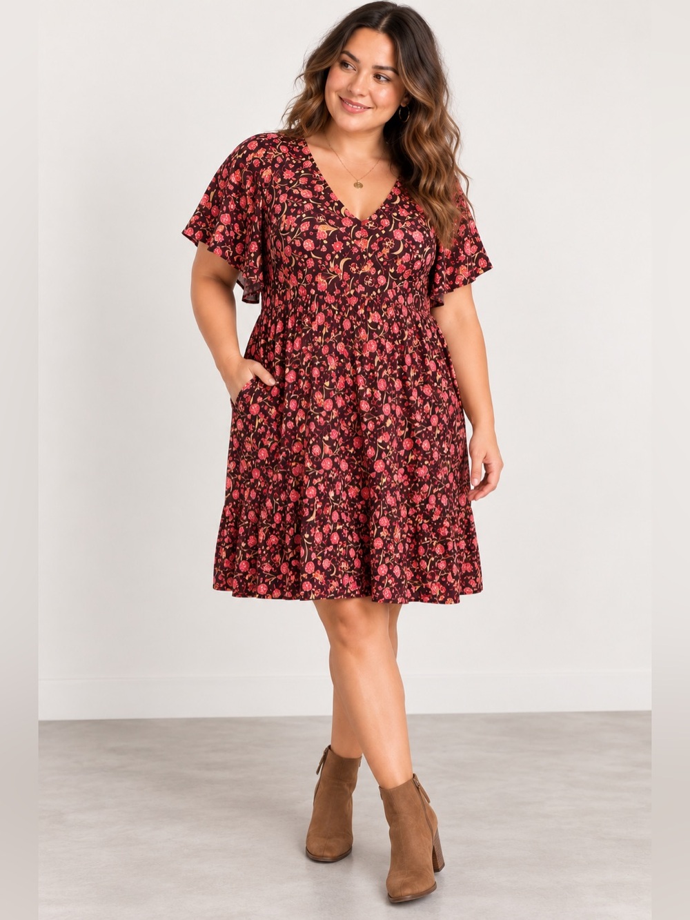 Old Navy L Petite Burgundy Floral Flutter Sleeve Dress Pockets